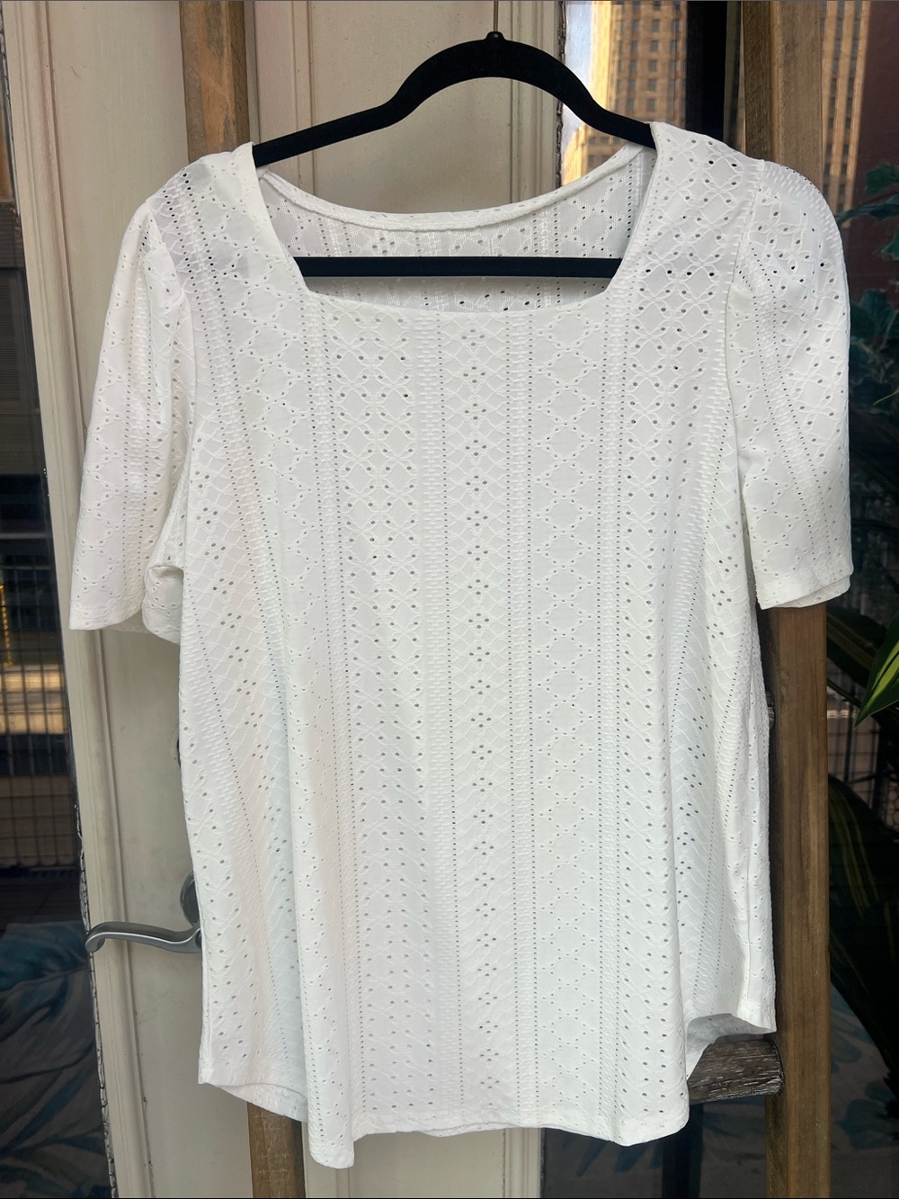 SHEIN White Eyelet Square-Neck Short Sleeve Top
